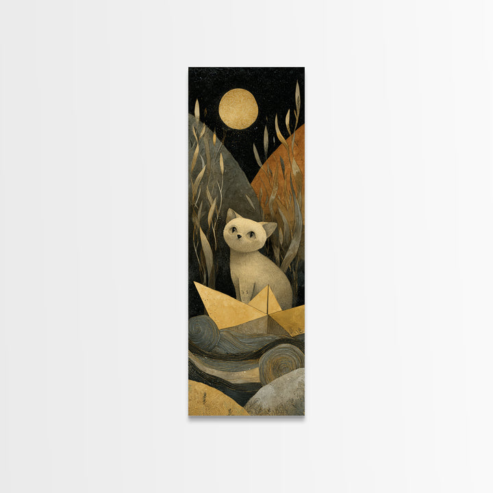Cat Sailing a Paper Boat Canvas Print, Whimsical Art, Gallery Decor, Living Room Decor, Fine Art, Wonder, Wall Art, Home Decor, WHI-1x3-14