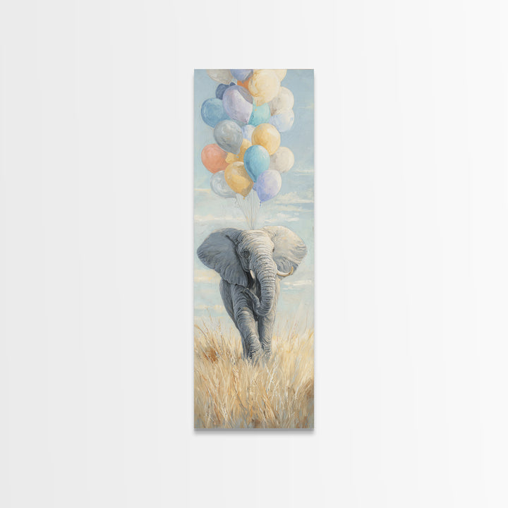 Elephant Holding Balloons Framed Canvas Print, Whimsical Art, Art Nouveau, Living Room Decor, Abstract Art, Wonder, WHI-1x3-15
