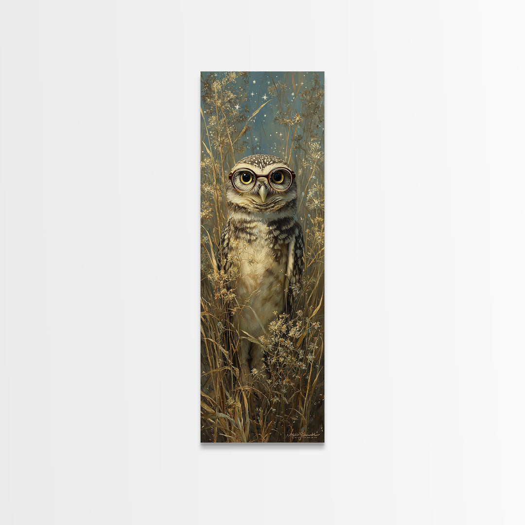 Owl Wearing Spectacles Among Stars Canvas Print, Whimsical Art, Neutral Decor, Living Room Decor, Fine Art, Wonder, Home Decor, WHI-1x3-18