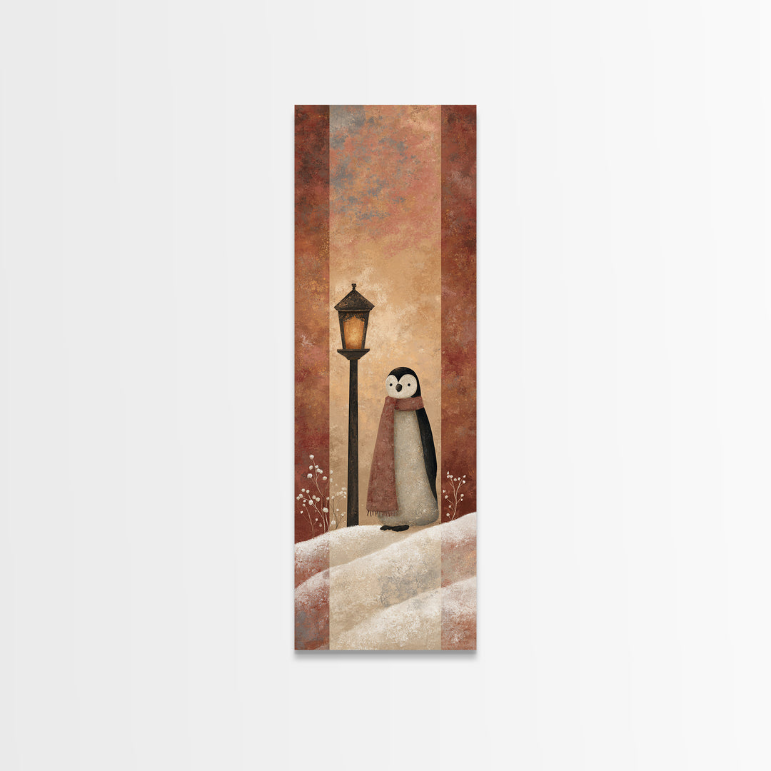 Penguin Holding a Lantern Framed Canvas Print, Whimsical Art, Textured Painting, Living Room Decor, Fine Art, Wonder, WHI-1x3-29