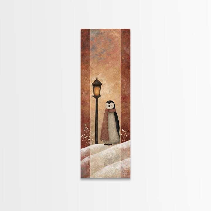 Penguin Holding a Lantern Framed Canvas Print, Whimsical Art, Textured Painting, Living Room Decor, Fine Art, Wonder, WHI-1x3-29