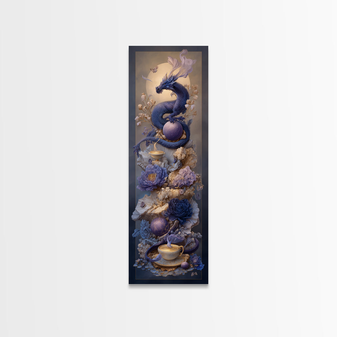 Dragon Curled Around a Teacup Framed Canvas Print, Whimsical Art, Pet Portrait, Living Room Decor, Wonder, Abstract Wall Art, WHI-1x3-36