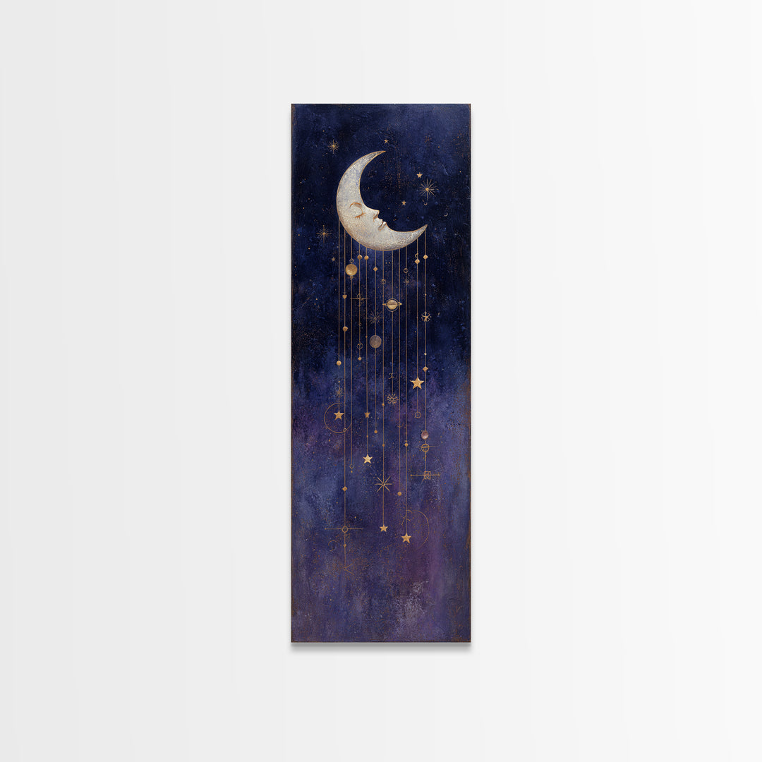 Moon with Sleeping Face and Dangling Stars Framed Canvas Print, Whimsical Art, Minimalist Decor, Living Room Decor, Wonder, WHI-1x3-4