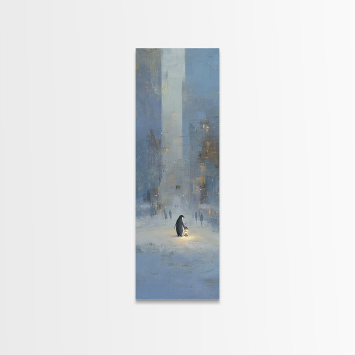 Penguin Holding a Lantern Framed Canvas Print, Whimsical Art, Textured Painting, Living Room Decor, Fine Art, Wonder, WHI-1x3-53