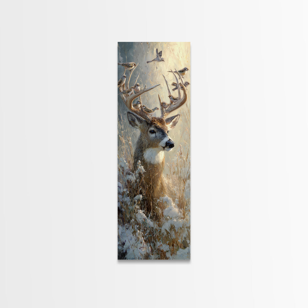 Deer with Antlers Full of Birds Canvas Print, Whimsical Art, Dopamine Decor, Living Room Decor, Oil Painting, Wonder, WHI-1x3-55