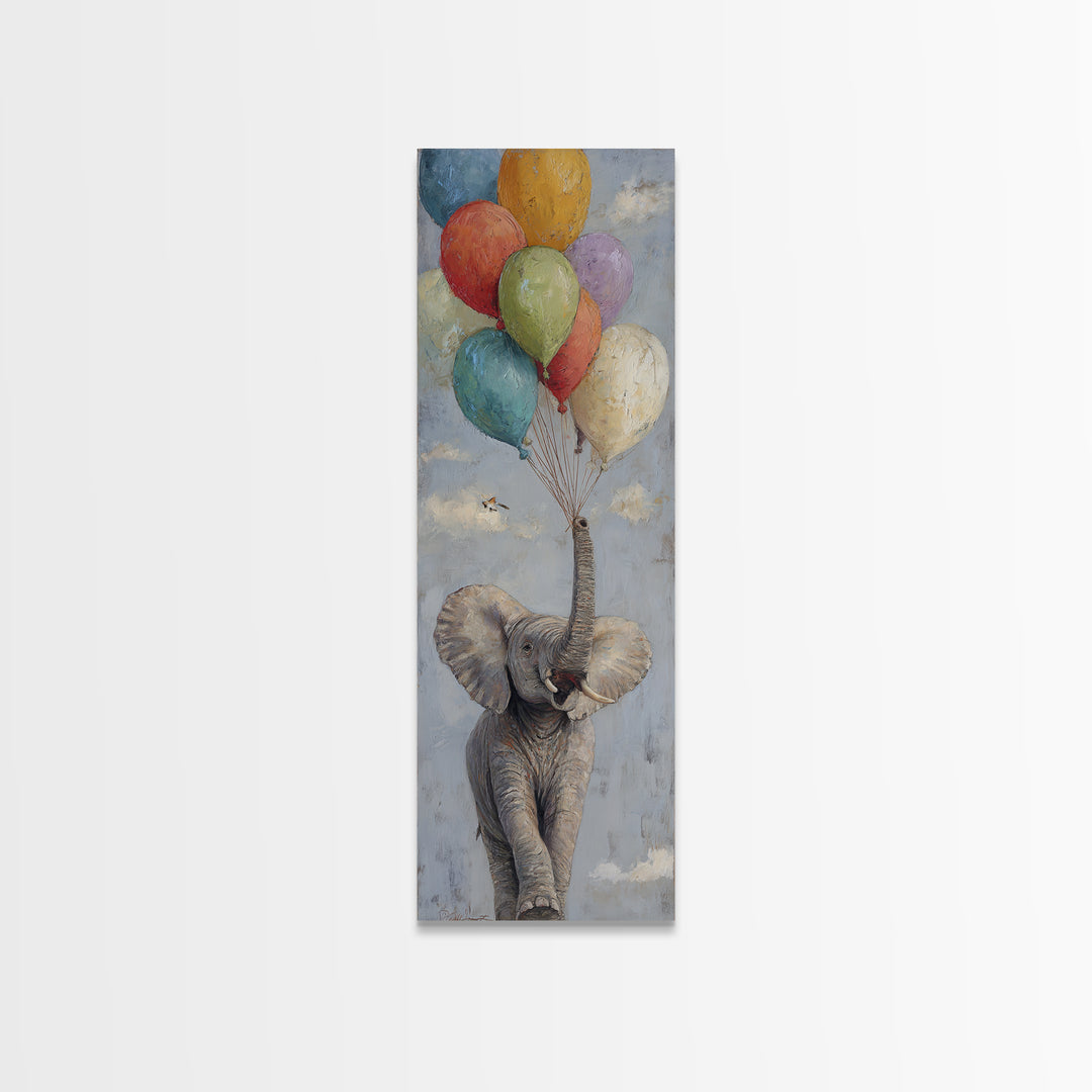 Elephant Holding Balloons Canvas Print, Whimsical Art, Nursery Prints, Living Room Decor, Oil Painting, Wonder, WHI-1x3-63