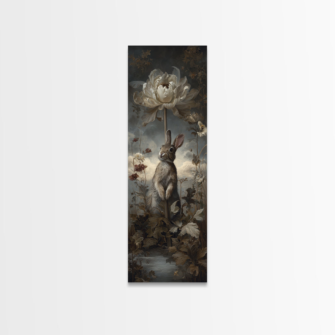 Rabbit Reading Beneath a Giant Flower Canvas Print, Whimsical Art, Digital Art, Living Room Decor, Watercolor Art, Wonder, WHI-1x3-65
