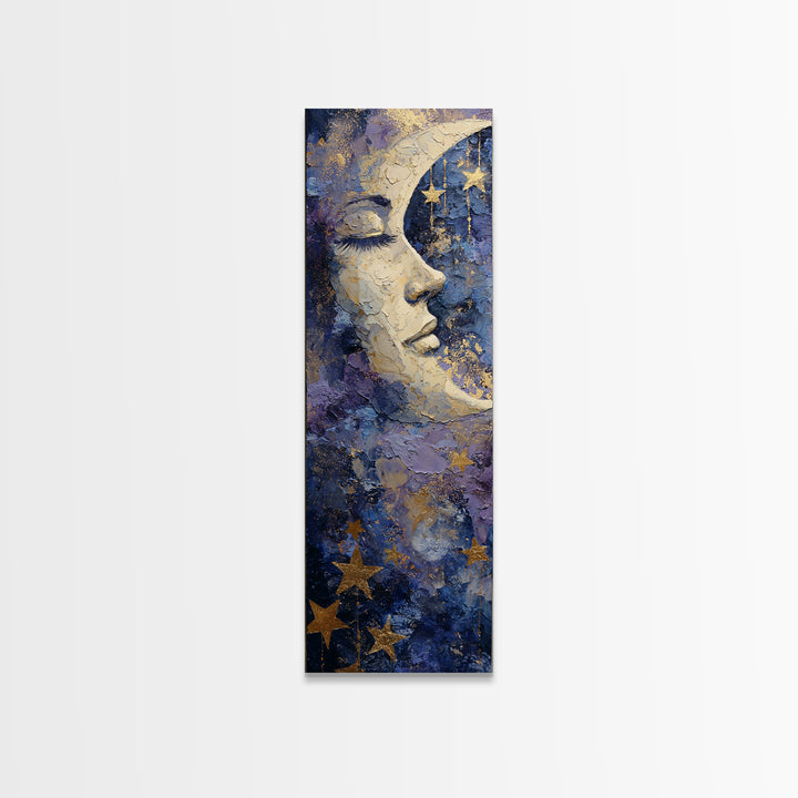 Moon with Sleeping Face and Dangling Stars Framed Canvas Print, Whimsical Art, Dopamine Decor, Living Room Decor, Wonder, WHI-1x3-76