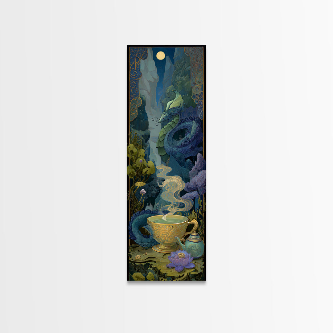Dragon Curled Around a Teacup Framed Canvas Print, Whimsical Art, Nursery, Living Room Decor, Fine Art, Wonder, Watercolor Art, WHI-1x3-84