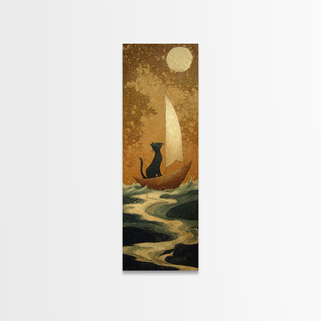 Cat Sailing a Paper Boat Canvas Print, Whimsical Art, Contemporary Art, Living Room Decor, Fine Art, Wonder, Art Nouveau, WHI-1x3-86