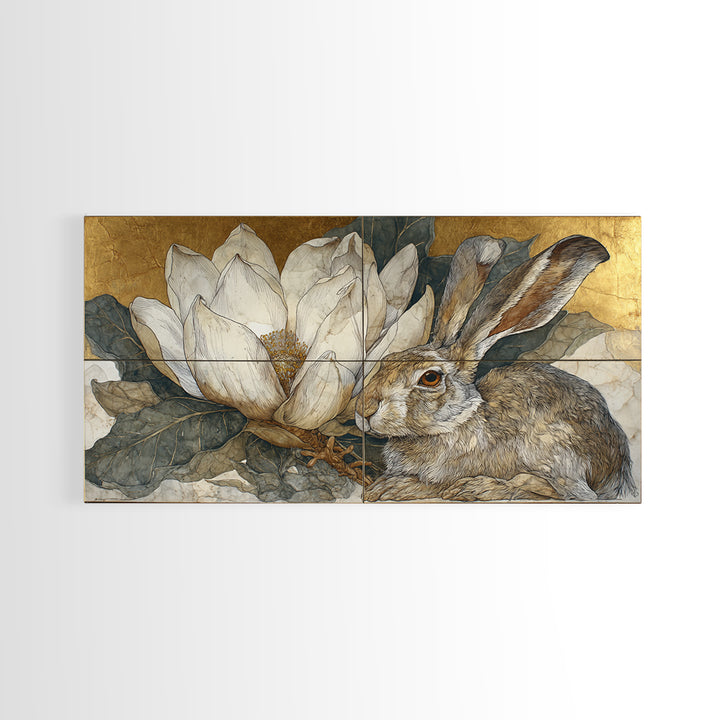 Rabbit Reading Beneath a Giant Flower Framed Canvas Print, Whimsical Art, Oil Painting, Living Room Decor, Wonder, WHI-2x1-1
