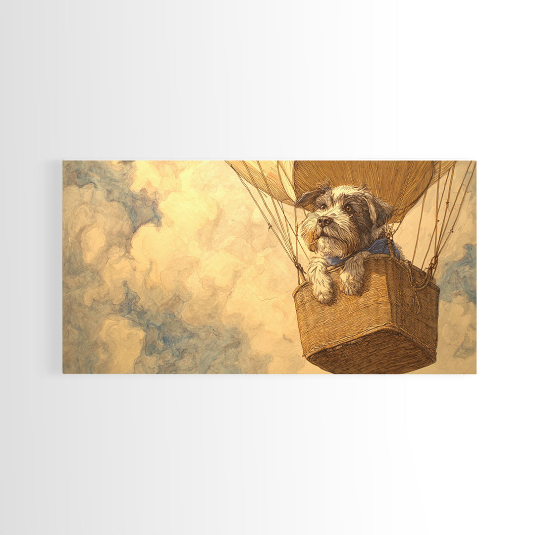 Dog in a Hot Air Balloon Framed Canvas Print, Whimsical Art, Contemporary Art, Living Room Decor, Fine Art, Wonder, Art Nouveau, WHI-2x1-10