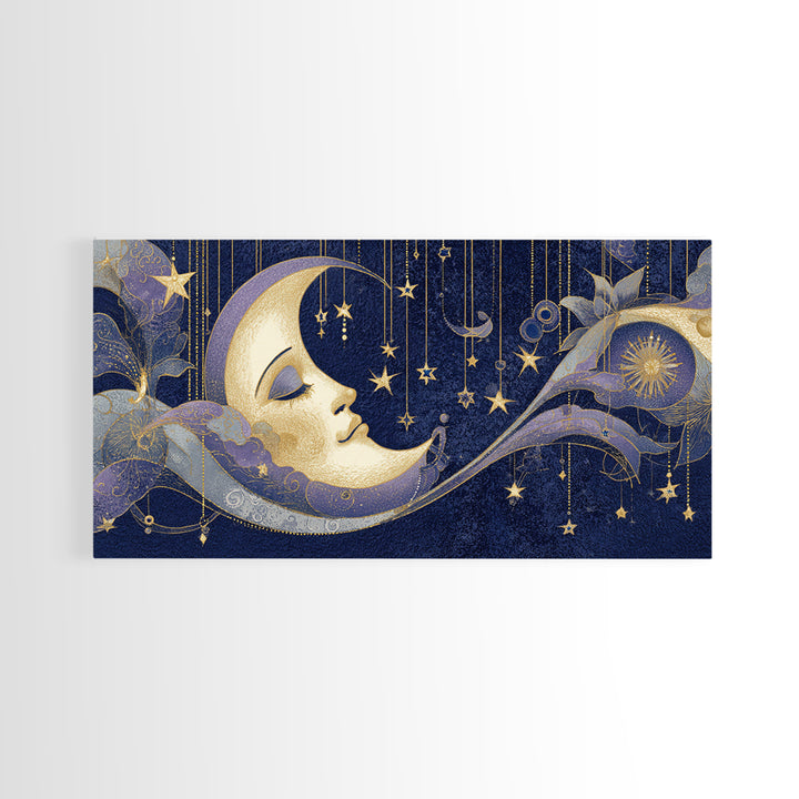 Moon with Sleeping Face and Dangling Stars Framed Canvas Print, Whimsical Art, Room Decor, Living Room Decor, Oil Painting, WHI-2x1-12