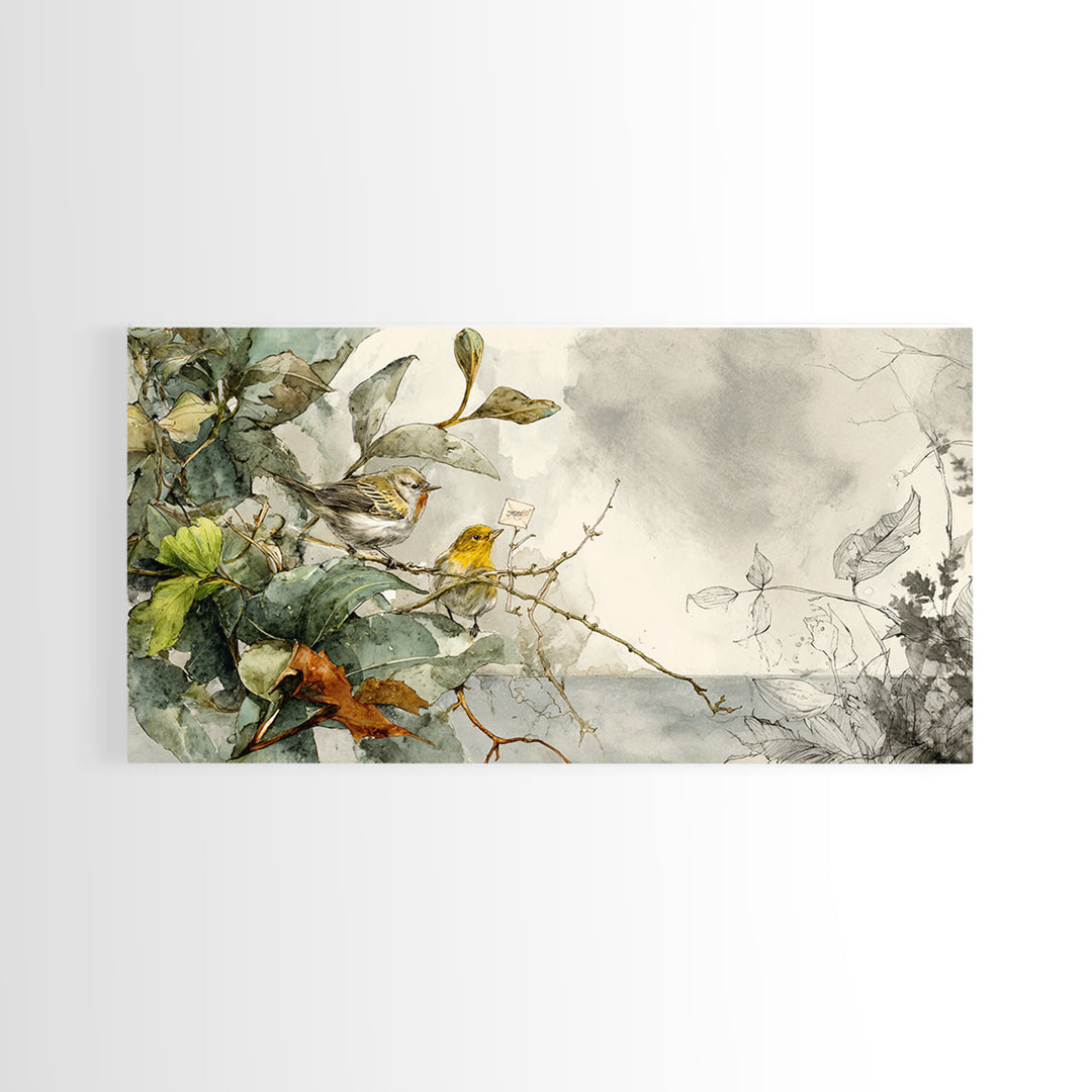 Bird Delivering a Tiny Love Letter Framed Canvas Print, Whimsical Art, Cat Art, Living Room Decor, Fine Art, Wonder, WHI-2x1-19