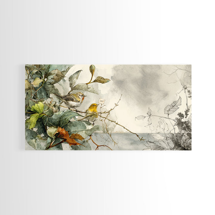 Bird Delivering a Tiny Love Letter Framed Canvas Print, Whimsical Art, Cat Art, Living Room Decor, Fine Art, Wonder, WHI-2x1-19