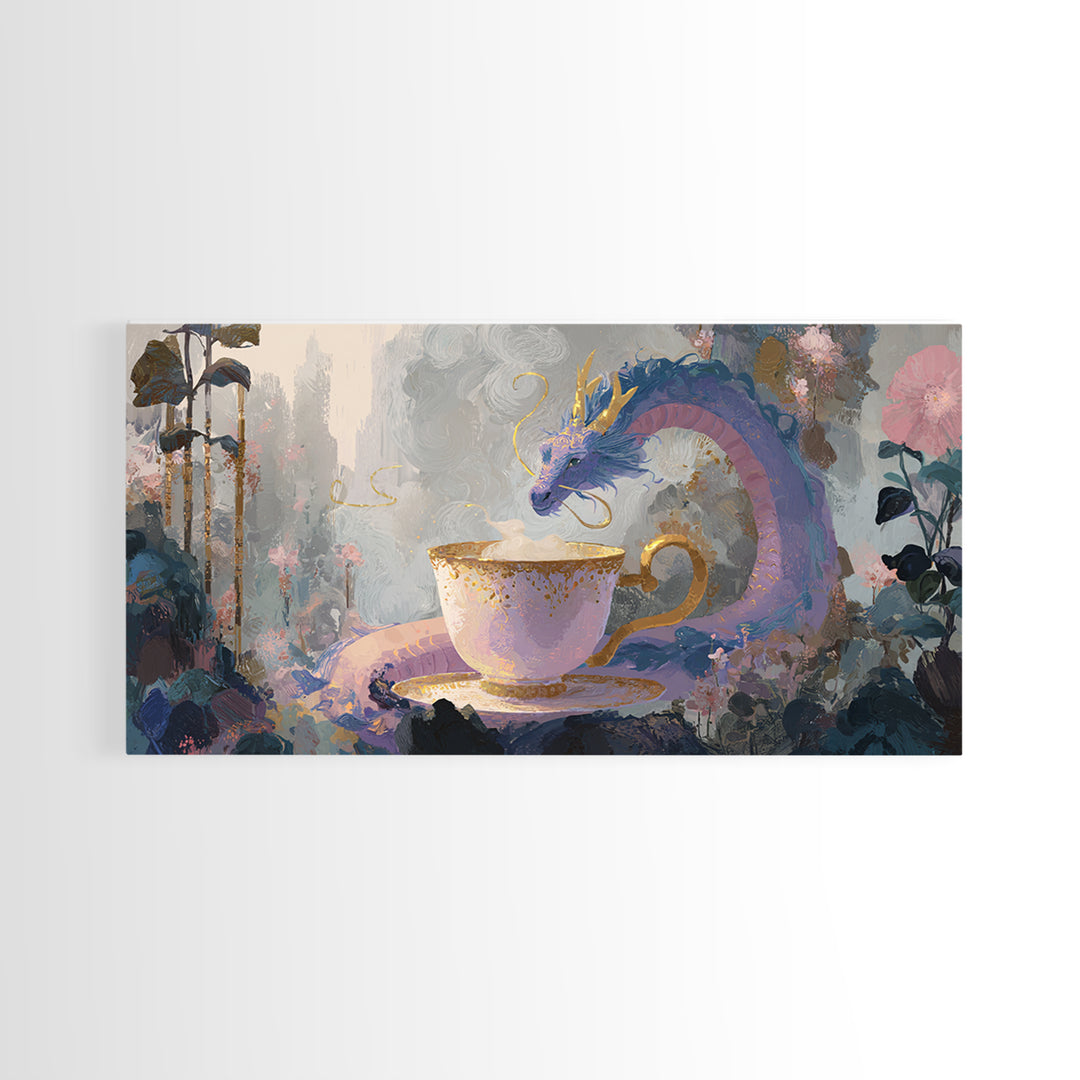 Dragon Curled Around a Teacup Framed Canvas Print, Whimsical Art, Statement Artwork, Living Room Decor, Fine Art, Wonder, WHI-2x1-20