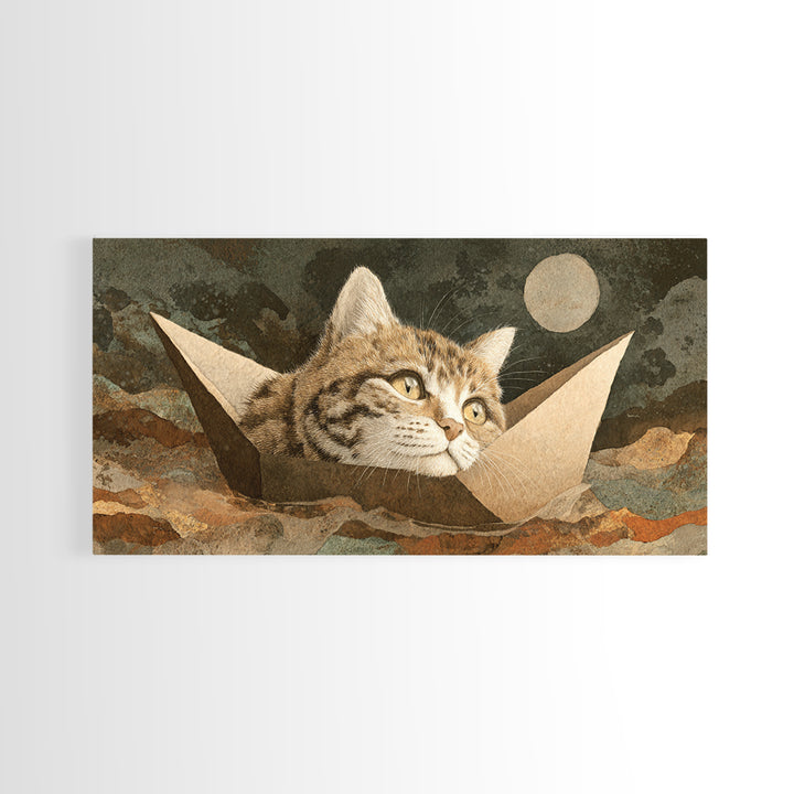 Cat Sailing a Paper Boat Canvas Print, Whimsical Art, Textured Painting, Living Room Decor, Fine Art, Wonder, Nursery Decor, WHI-2x1-22