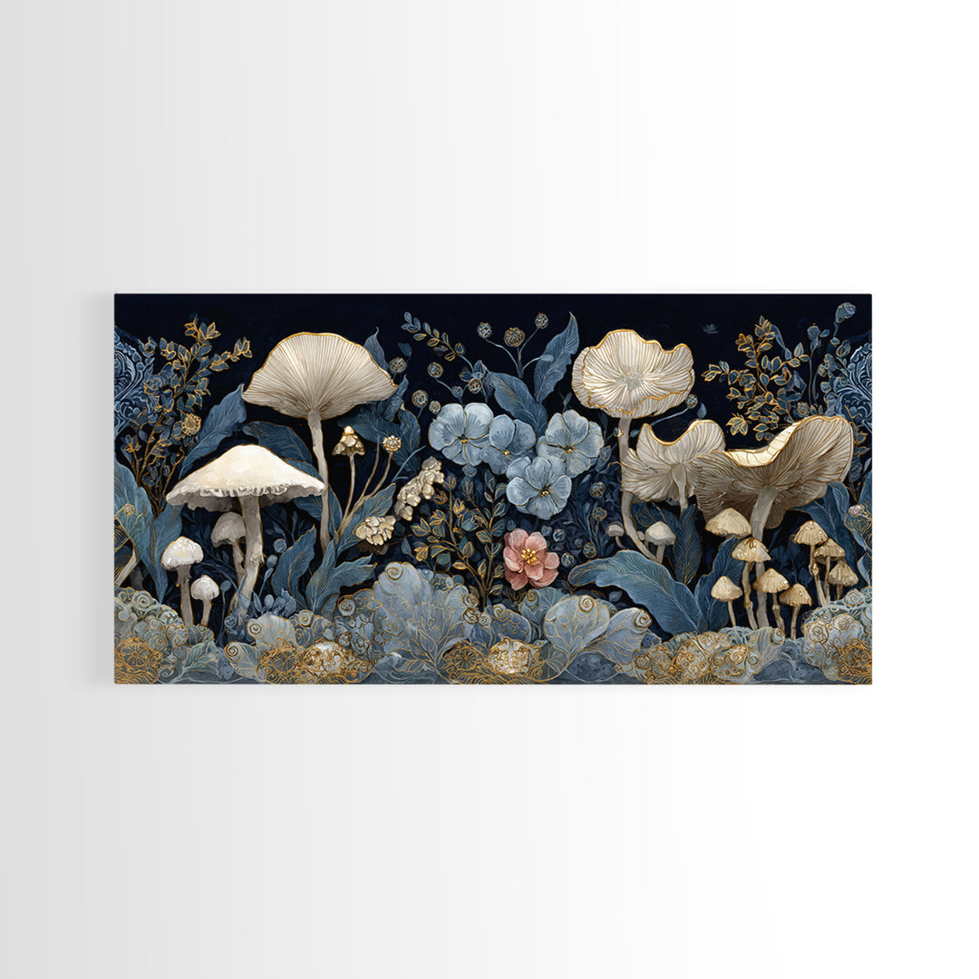 Teacup Garden with Tiny Mushrooms Framed Canvas Print, Whimsical Art, Minimalist Decor, Living Room Decor, Oil Painting, Wonder, WHI-2x1-24
