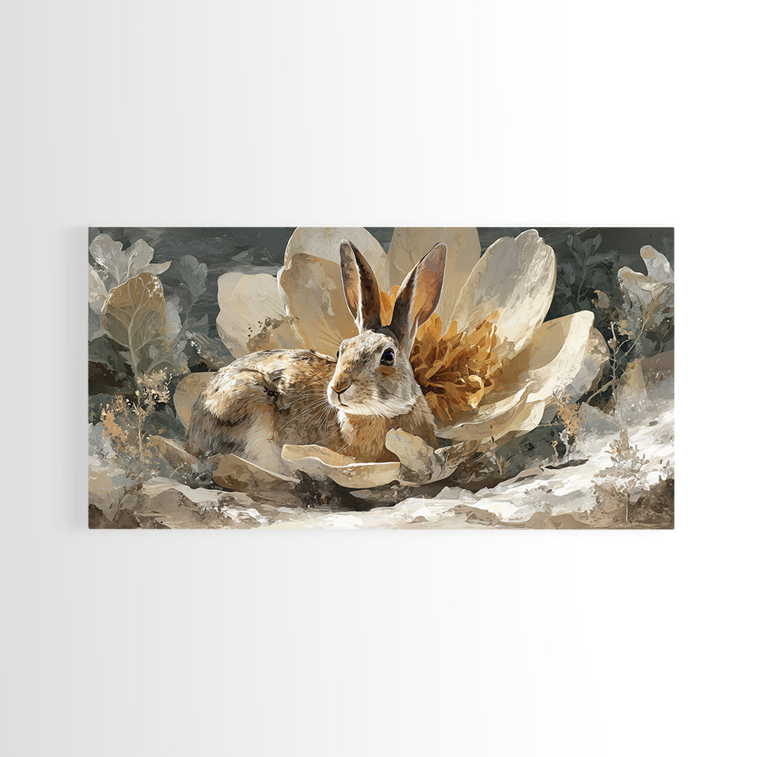 Rabbit Reading Beneath a Giant Flower Framed Canvas Print, Whimsical Art, Oil Painting, Living Room Decor, Wonder, WHI-2x1-25
