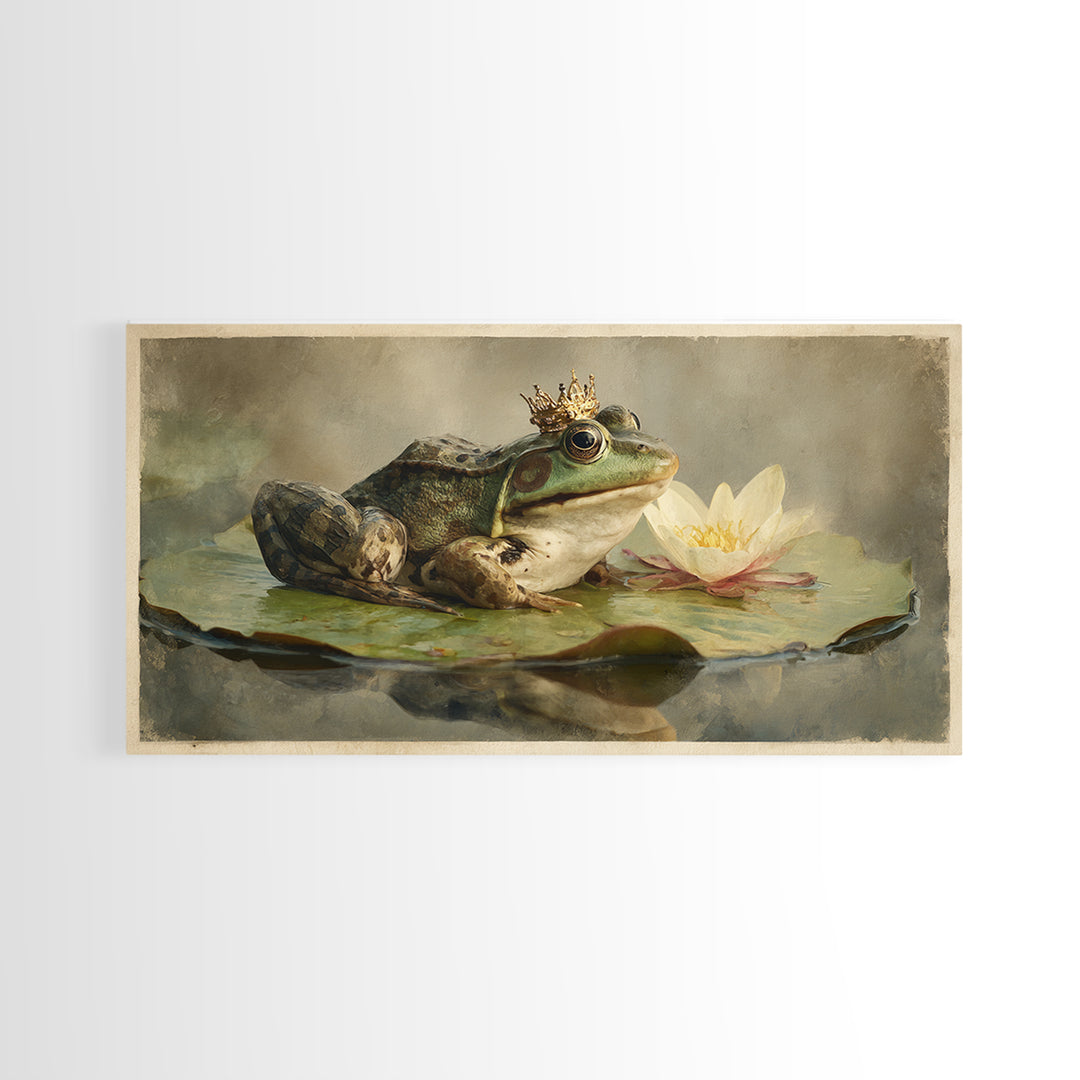Frog Prince on a Lily Pad Framed Canvas Print, Whimsical Art, Contemporary Art, Living Room Decor, Wonder, Art Nouveau, WHI-2x1-28