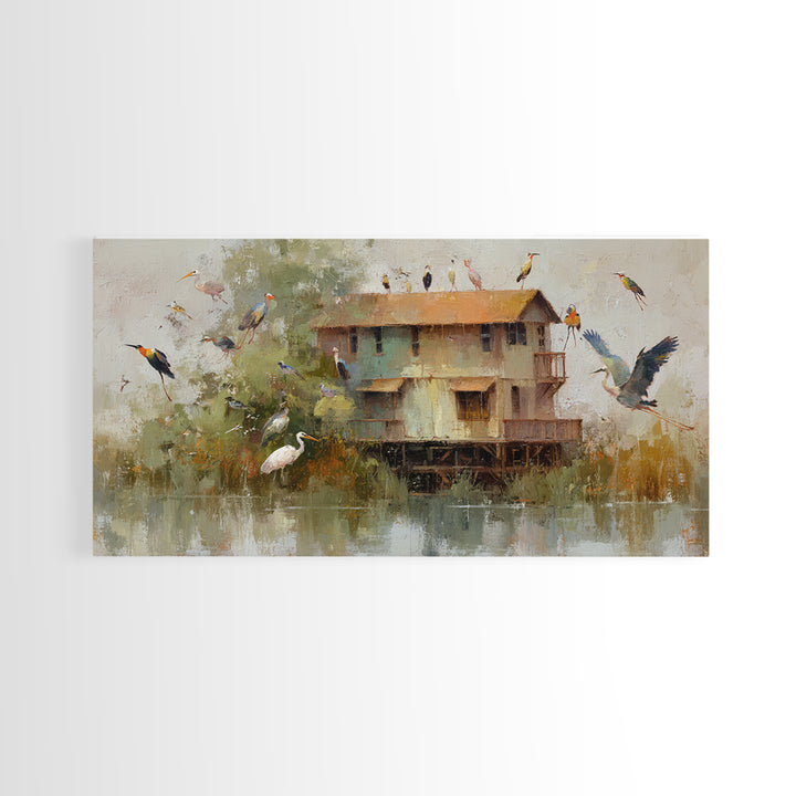 Floating House Carried by Colorful Birds Framed Canvas Print, Whimsical Art, Framed Wall Art, Living Room Decor, Wonder, WHI-2x1-3