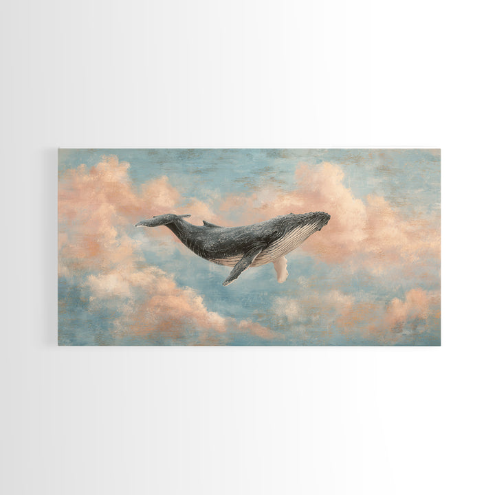 Whale Flying Through Clouds Like Ocean Framed Canvas Print, Whimsical Art, Art Print, Living Room Decor, Fine Art, Wonder, WHI-2x1-33