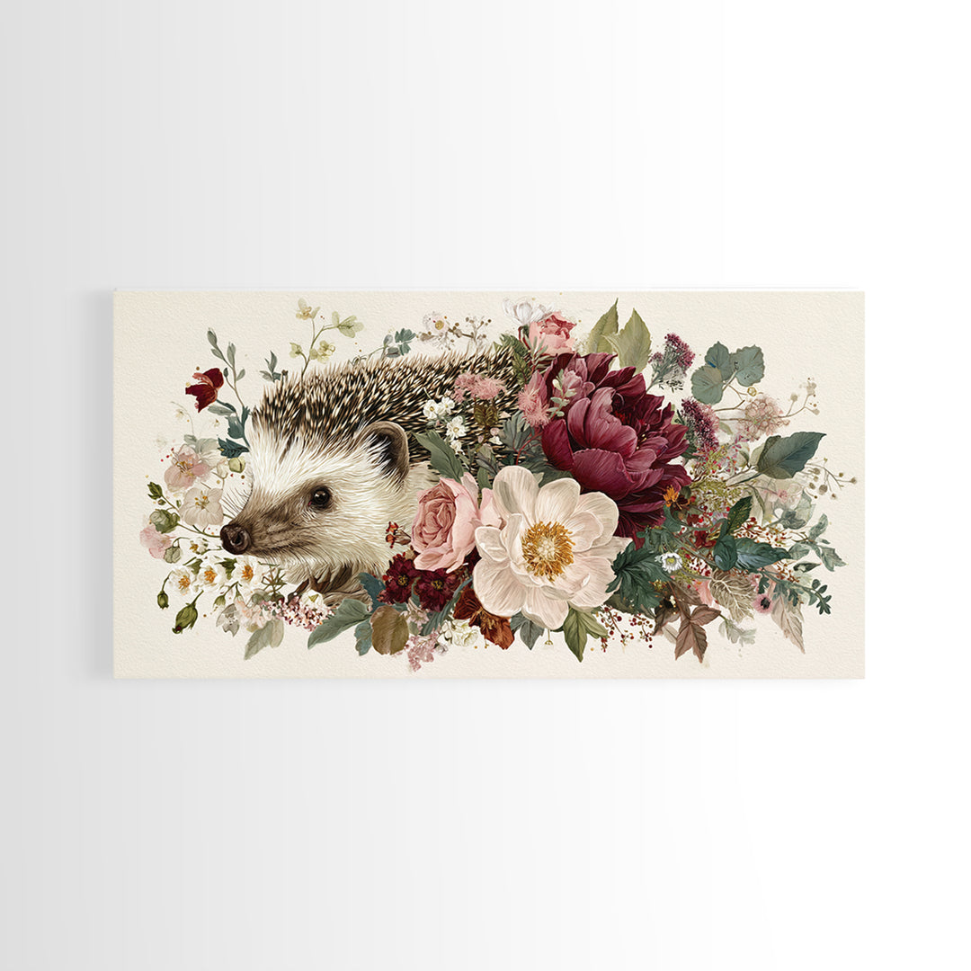 Hedgehog Carrying Wildflowers Framed Canvas Print, Whimsical Art, Wall Art, Living Room Decor, Watercolor Art, Wonder, WHI-2x1-35