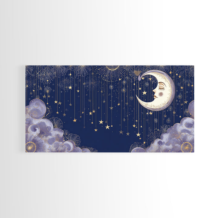 Moon with Sleeping Face and Dangling Stars Canvas Print, Whimsical Art, Home Decor, Living Room Decor, Fine Art, Wonder, WHI-2x1-36