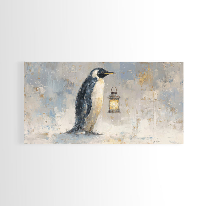 Penguin Holding a Lantern Framed Canvas Print, Whimsical Art, Digital Art, Living Room Decor, Fine Art, Wonder, Nursery, WHI-2x1-37