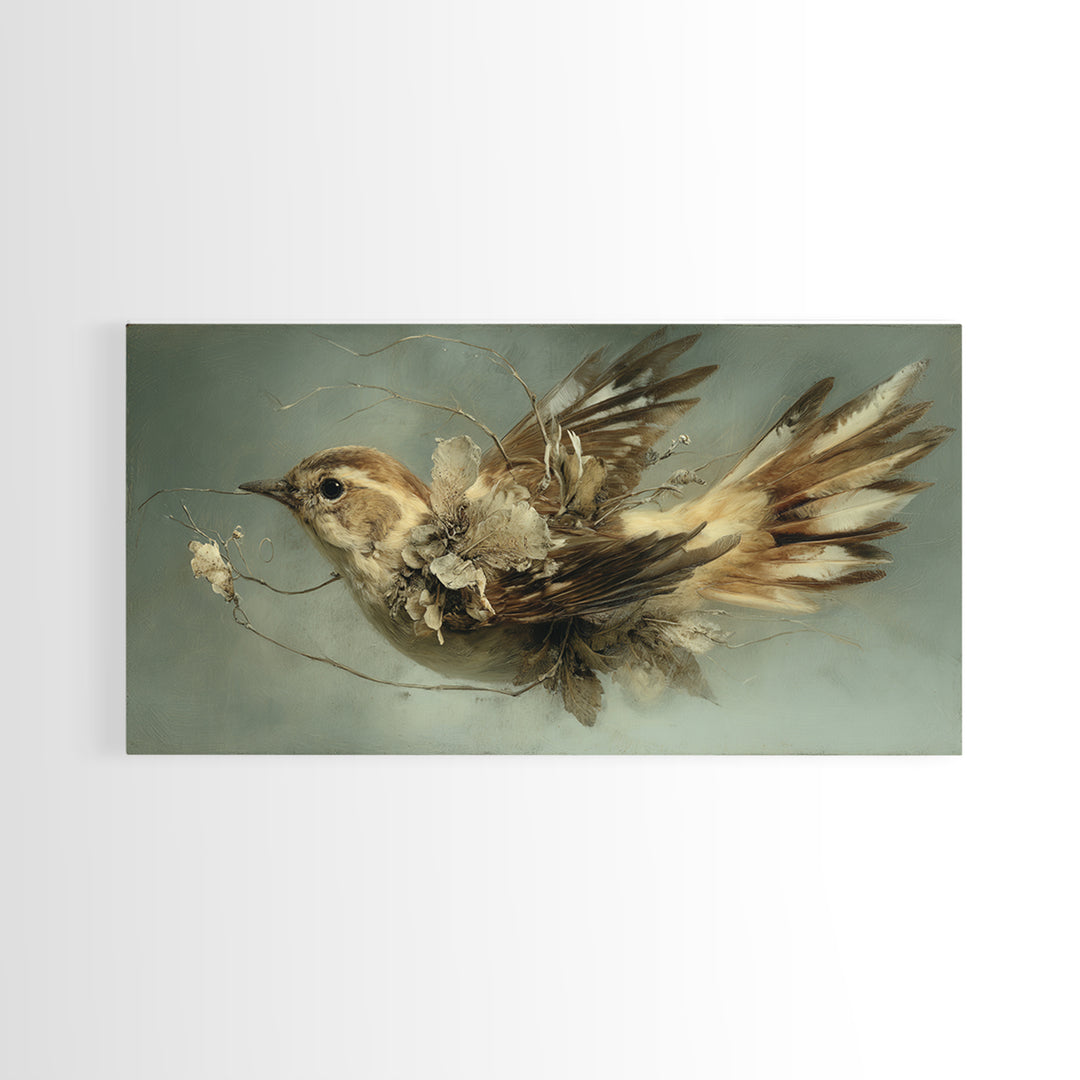 Bird Delivering a Tiny Love Letter Framed Canvas Print, Whimsical Art, Oil Painting, Living Room Decor, Fine Art, Wonder, WHI-2x1-43