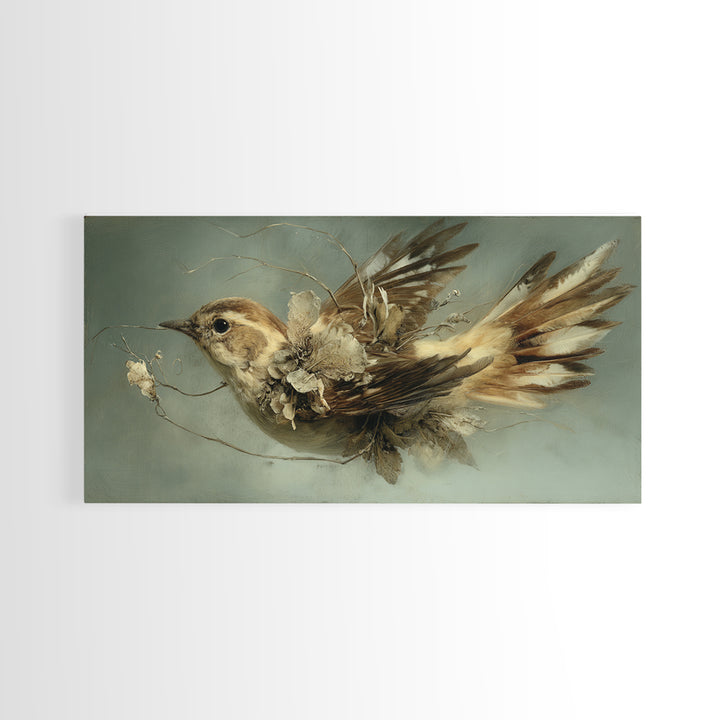 Bird Delivering a Tiny Love Letter Framed Canvas Print, Whimsical Art, Oil Painting, Living Room Decor, Fine Art, Wonder, WHI-2x1-43