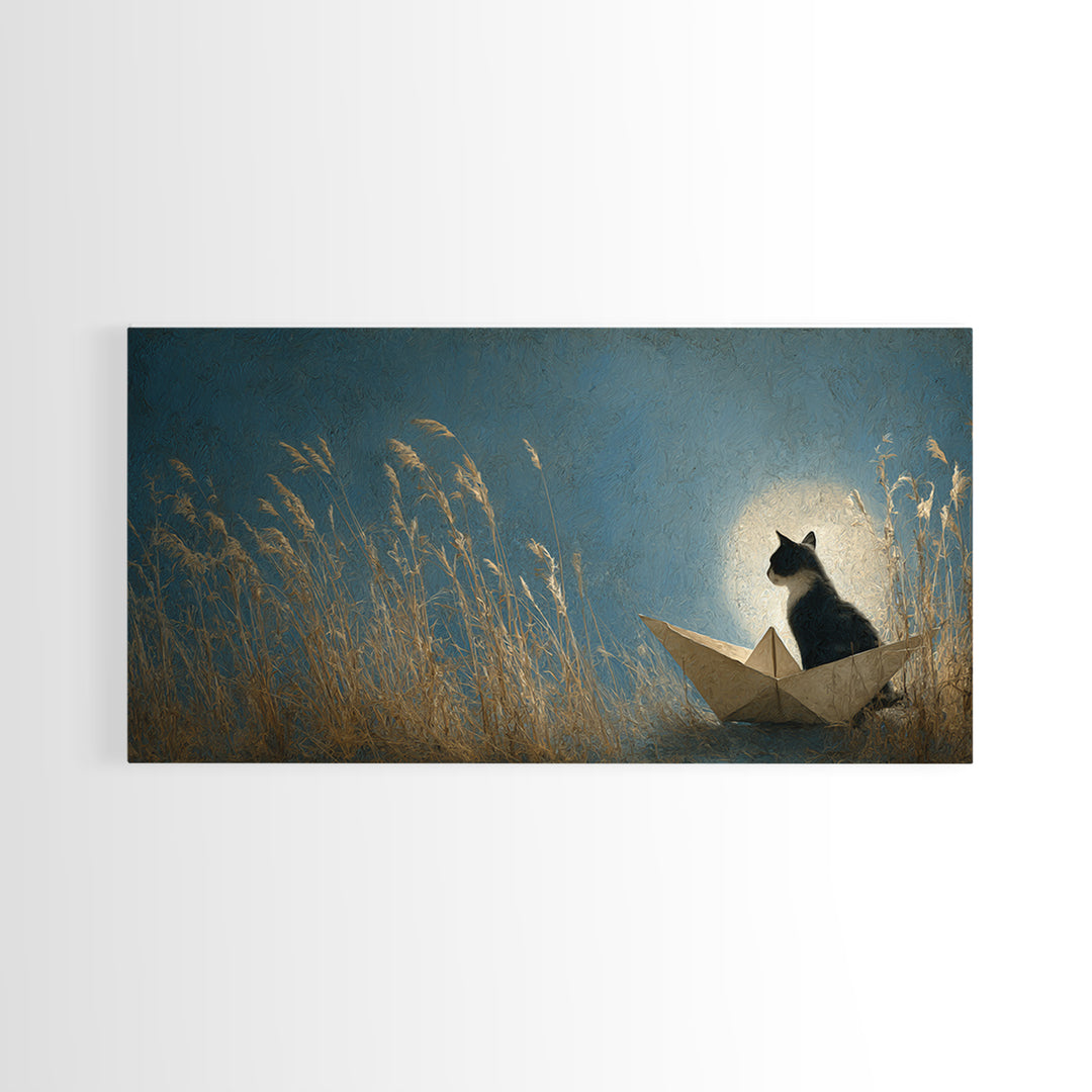 Cat Sailing a Paper Boat Framed Canvas Print, Whimsical Art, Wall Decor, Living Room Decor, Fine Art, Wonder, Printable Art, WHI-2x1-46