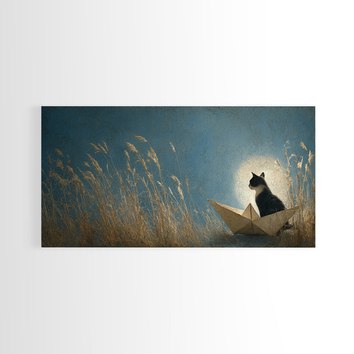 Cat Sailing a Paper Boat Framed Canvas Print, Whimsical Art, Wall Decor, Living Room Decor, Fine Art, Wonder, Printable Art, WHI-2x1-46