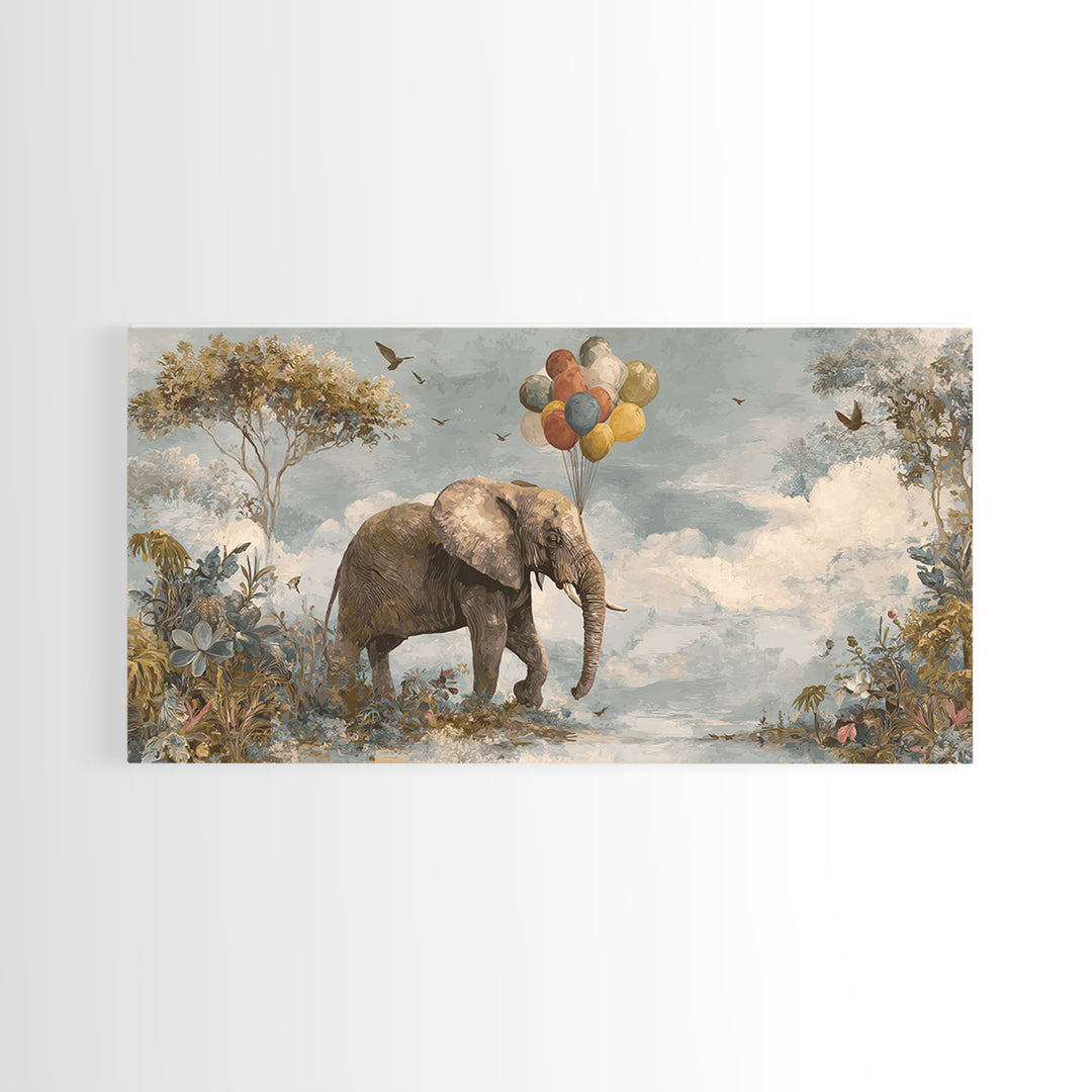 Elephant Holding Balloons Canvas Print, Whimsical Art, Whimsical, Living Room Decor, Oil Painting, Wonder, Nursery Art, WHI-2x1-47