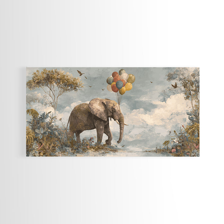 Elephant Holding Balloons Canvas Print, Whimsical Art, Whimsical, Living Room Decor, Oil Painting, Wonder, Nursery Art, WHI-2x1-47
