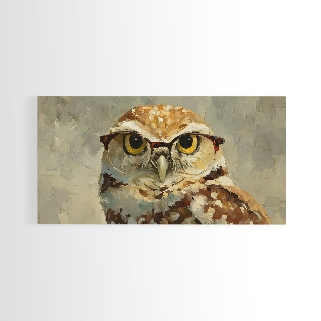 Owl Wearing Spectacles Among Stars Framed Canvas Print, Whimsical Art, Prints, Living Room Decor, Wonder, Printable Art, WHI-2x1-50