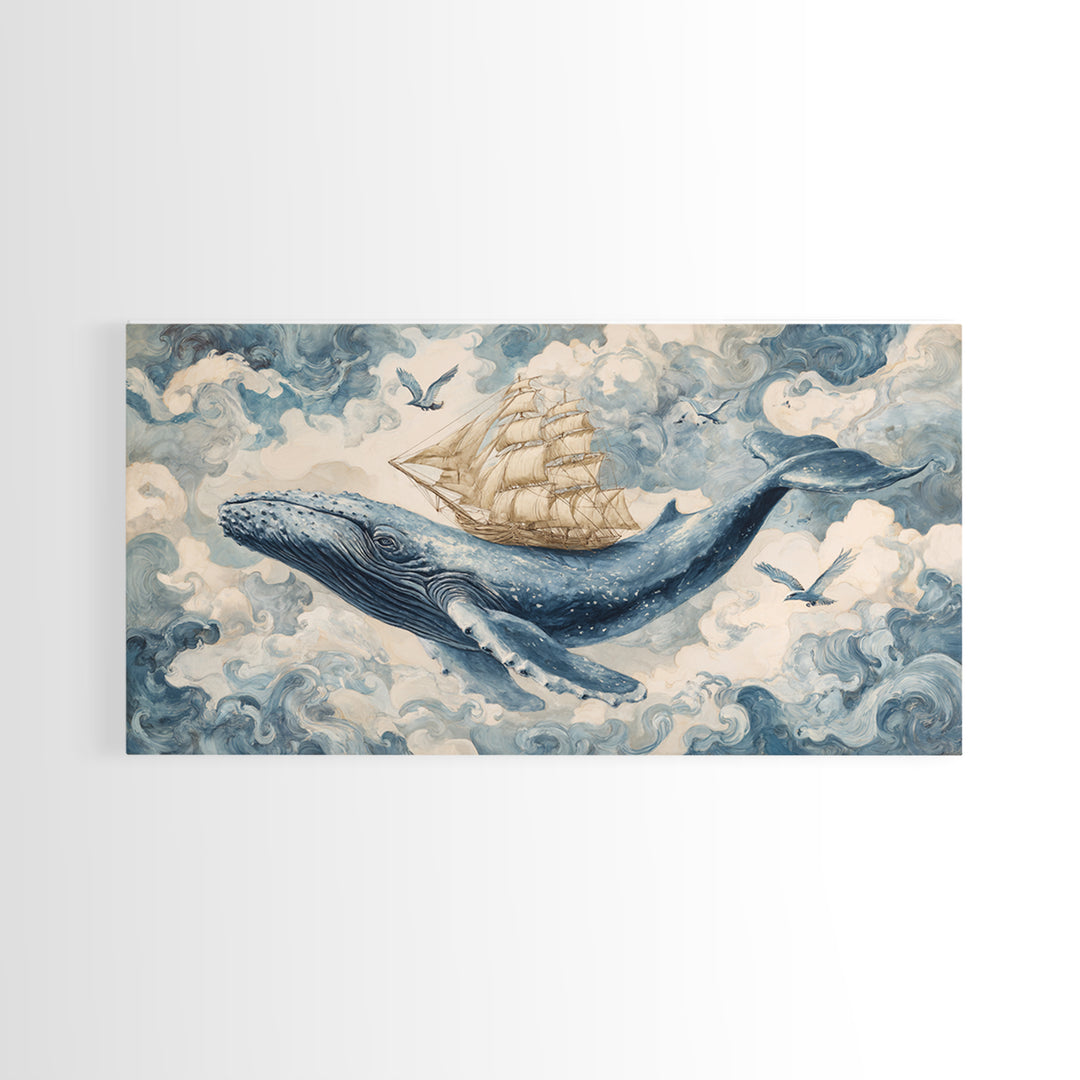 Whale Flying Through Clouds Like Ocean Canvas Print, Whimsical Art, Original Art, Living Room Decor, Fine Art, Wonder, WHI-2x1-57