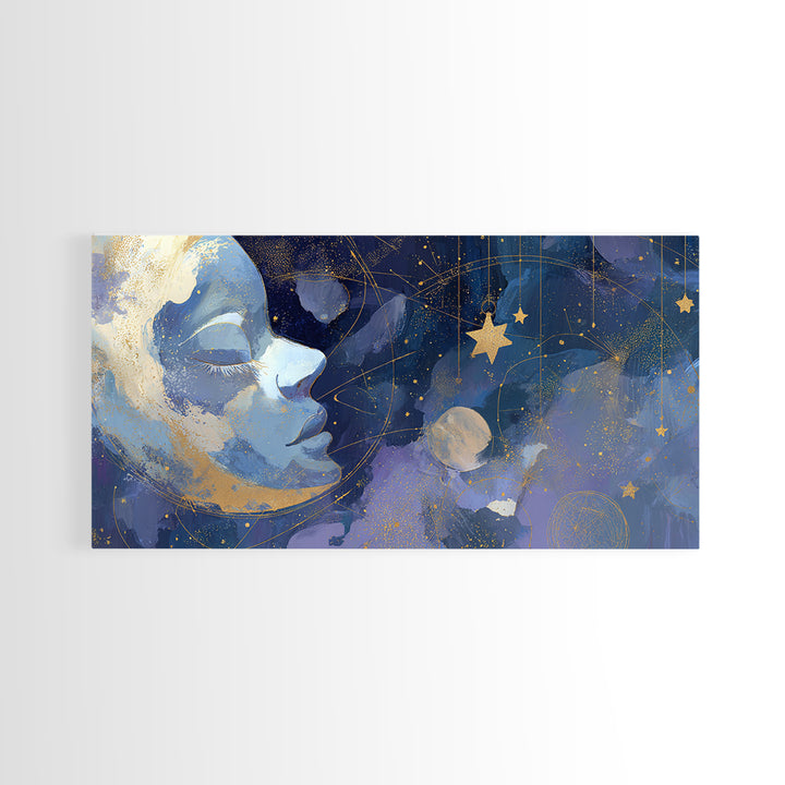 Moon with Sleeping Face and Dangling Stars Framed Canvas Print, Whimsical Art, Printable Wall Art, Living Room Decor, Wonder, WHI-2x1-60