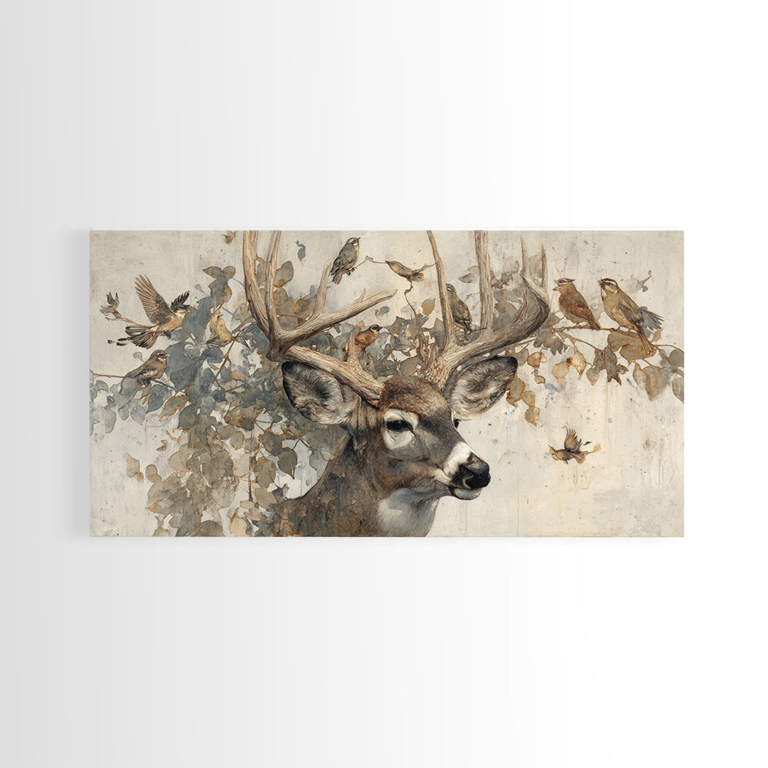 Deer with Antlers Full of Birds Canvas Print, Whimsical Art, Living Room Decor, Fine Art, Wonder, Gallery Decor, Neutral Decor, WHI-2x1-63