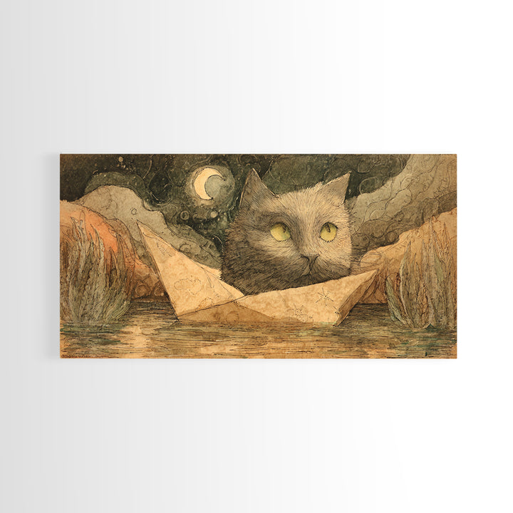Cat Sailing a Paper Boat Canvas Print, Whimsical Art, Oil Painting, Living Room Decor, Fine Art, Wonder, Dark Academia Decor, WHI-2x1-70