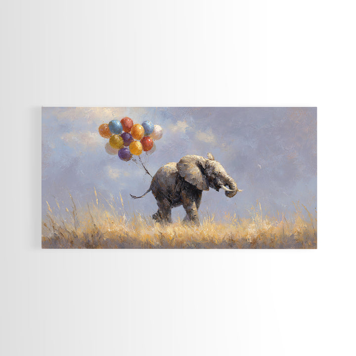 Elephant Holding Balloons Canvas Print, Whimsical Art, Bird Art, Living Room Decor, Abstract Art, Wonder, Textured Painting, WHI-2x1-71