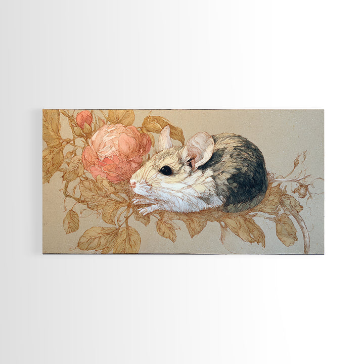 Mouse Ballerina in a Rose Garden Framed Canvas Print, Whimsical Art, Cat Art, Living Room Decor, Watercolor Art, Wonder, WHI-2x1-79