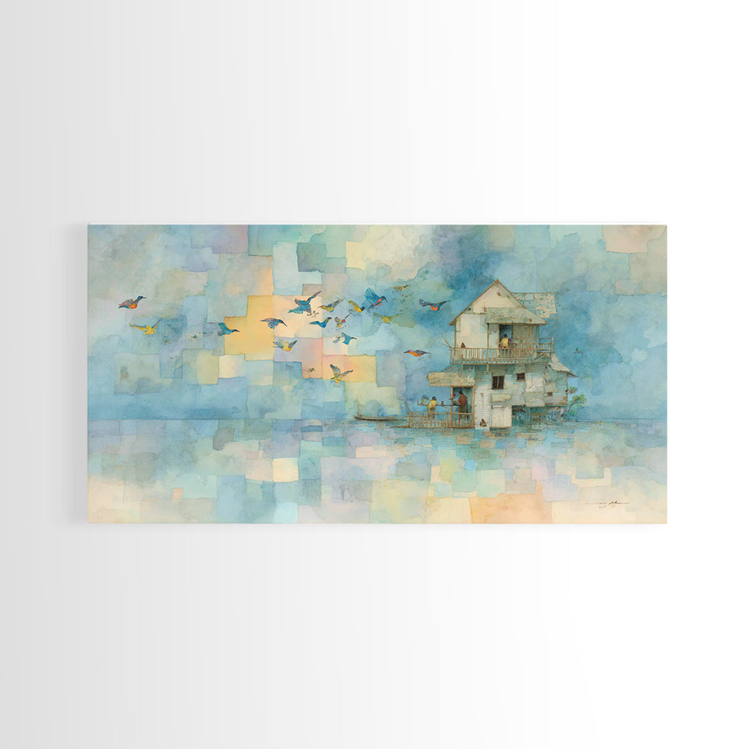Whale Flying Through Clouds Like Ocean Framed Canvas Print, Whimsical Art, Printable Art, Living Room Decor, Watercolor Art, WHI-2x1-81