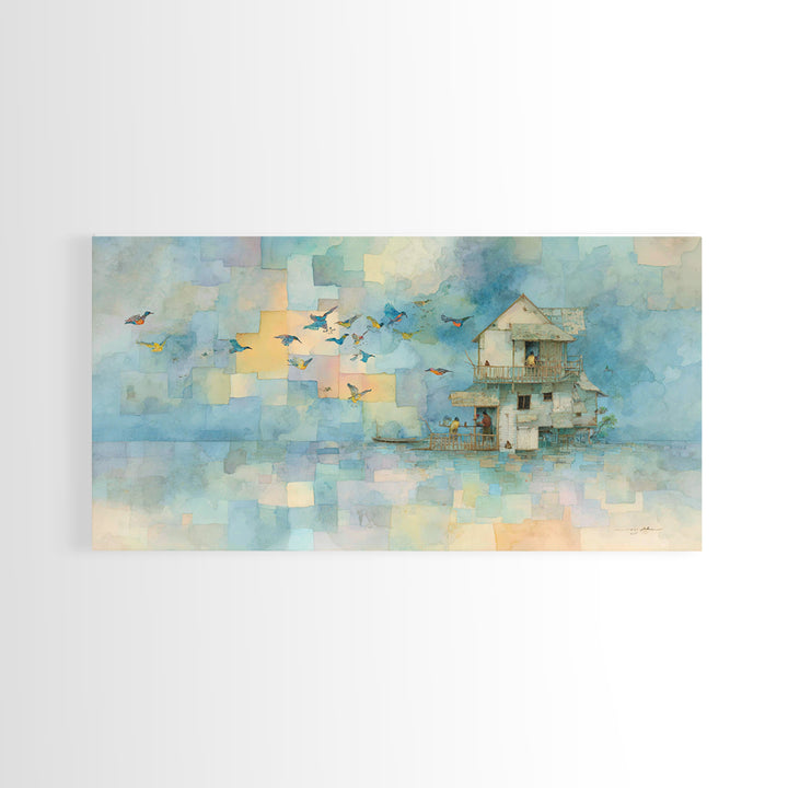 Whale Flying Through Clouds Like Ocean Framed Canvas Print, Whimsical Art, Printable Art, Living Room Decor, Watercolor Art, WHI-2x1-81