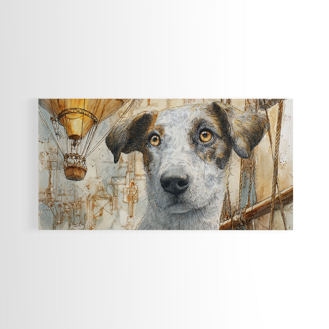 Dog in a Hot Air Balloon Canvas Print, Whimsical Art, Digital Art, Living Room Decor, Wonder, Nursery, Abstract Wall Art, WHI-2x1-82