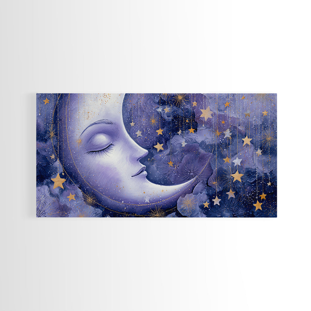 Moon with Sleeping Face and Dangling Stars Framed Canvas Print, Whimsical Art, Living Room Decor, Wonder, Gallery Decor, WHI-2x1-84