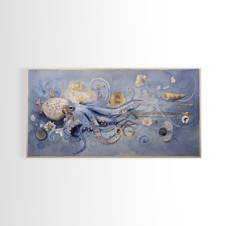 Octopus Conductor with Tiny Instruments Framed Canvas Print, Whimsical Art, Pet Portrait, Living Room Decor, Fine Art, Wonder, WHI-2x1-86