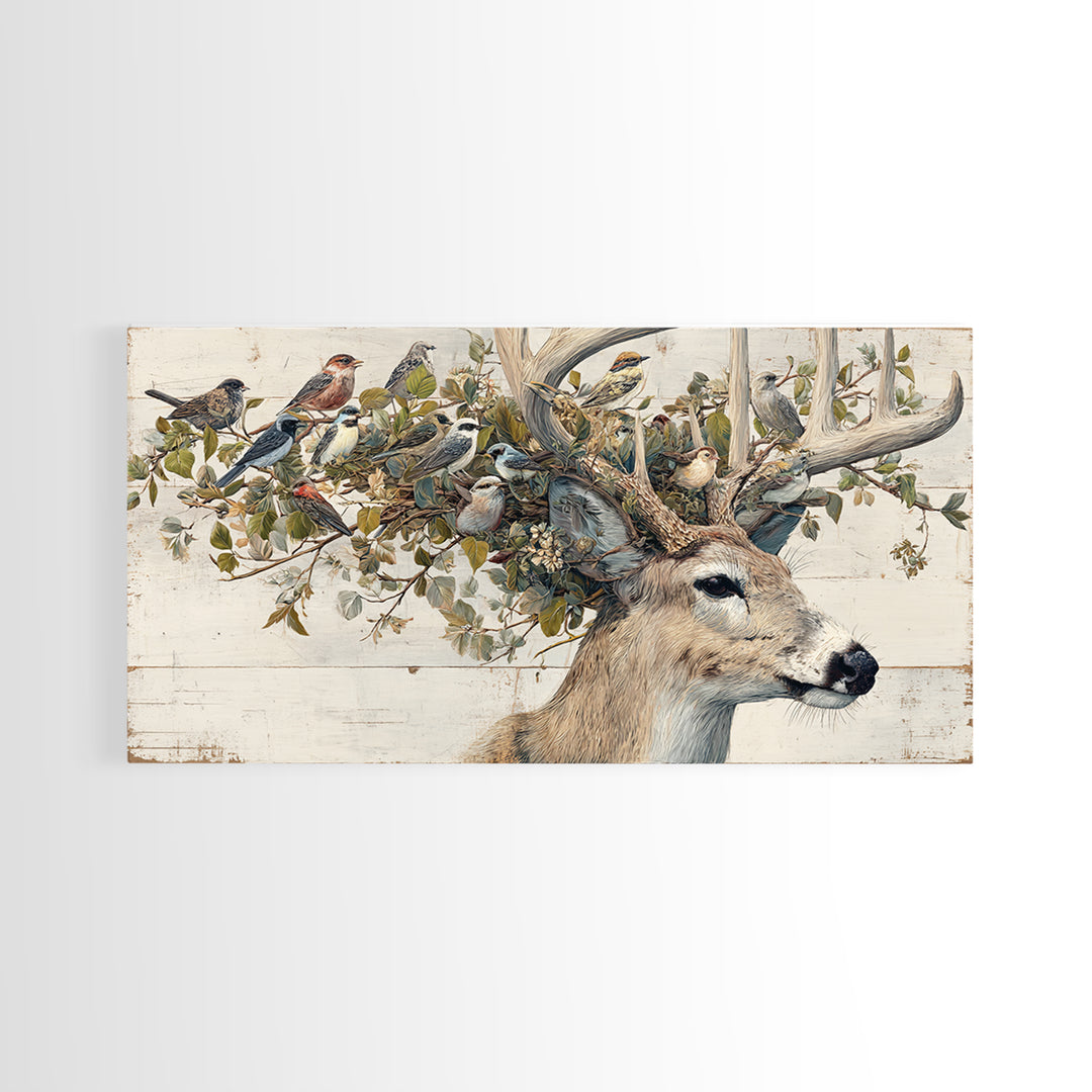 Deer with Antlers Full of Birds Framed Canvas Print, Whimsical Art, Nursery Wall Decor, Living Room Decor, Fine Art, Wonder, WHI-2x1-87