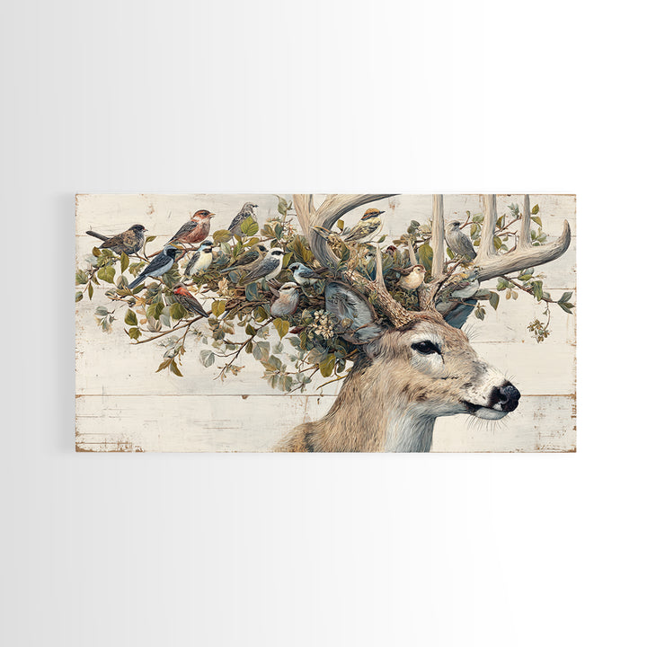 Deer with Antlers Full of Birds Framed Canvas Print, Whimsical Art, Nursery Wall Decor, Living Room Decor, Fine Art, Wonder, WHI-2x1-87