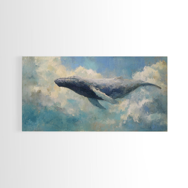 Whale Flying Through Clouds Like Ocean Framed Canvas Print, Whimsical Art, Art Print, Living Room Decor, Fine Art, Wonder, WHI-2x1-9